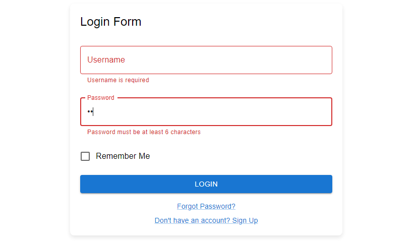 mui 5 login form validation using react-hook-form